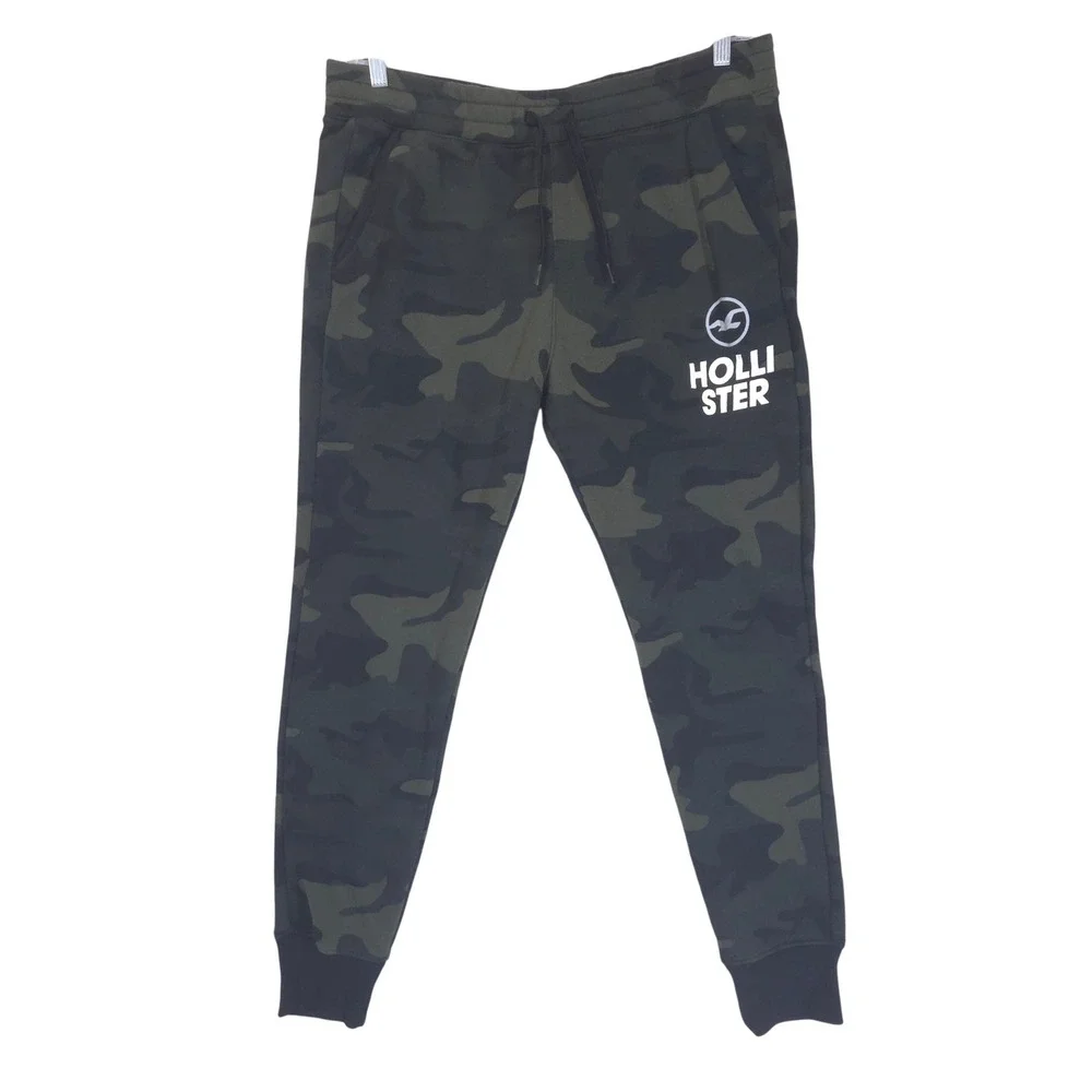 Hollister Camo Fleece Joggers Mens L Sweatpants Green Drawstring Logo Comfy